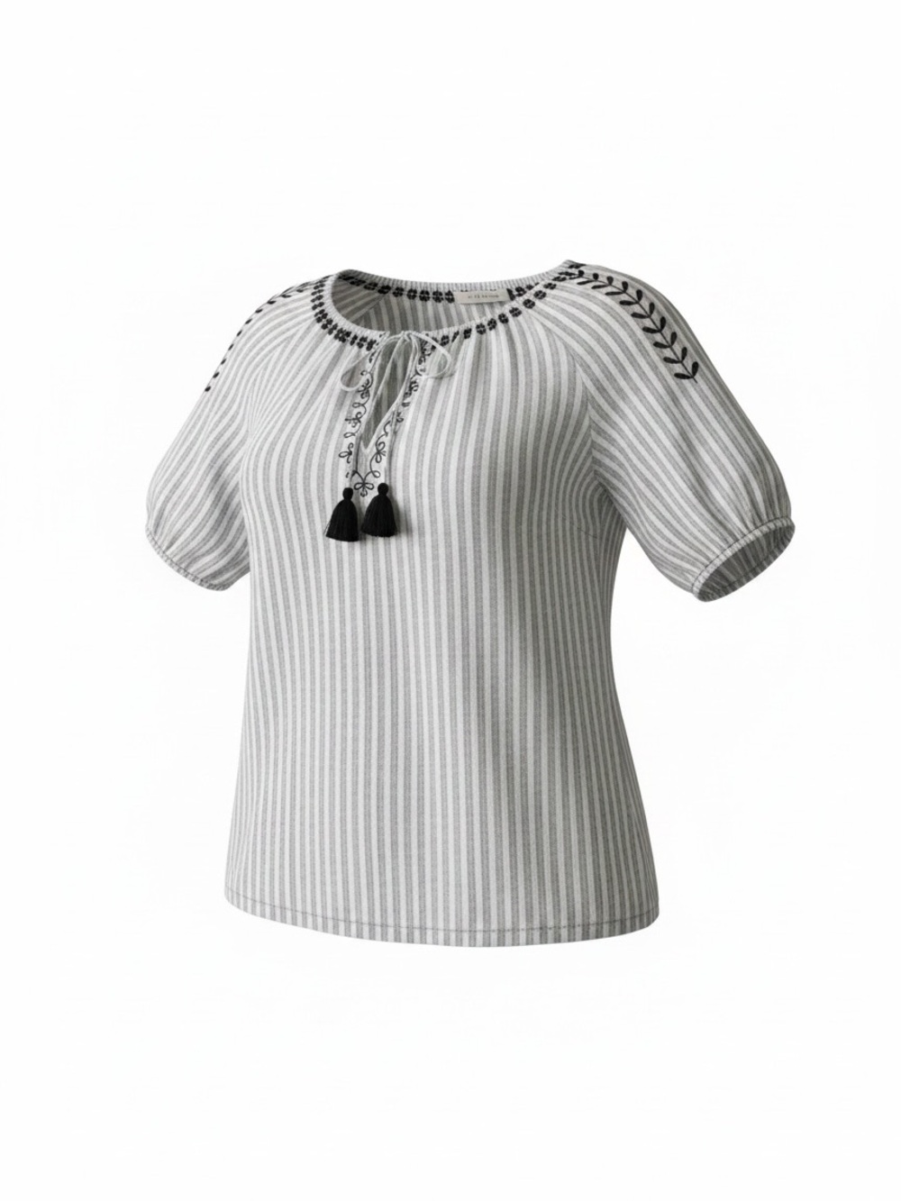 Lucky Brand White & Black Striped Embroidered Peasant Top